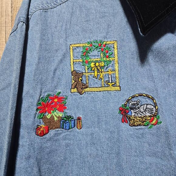 Bil Blass Vintage 90s Denim Christmas Collage Winter Embroidered Button Up Shirt - Picture 3 of 5